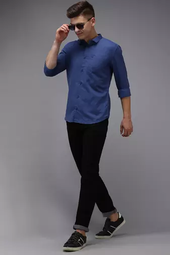 men's long sleeves solid navy blue shirt