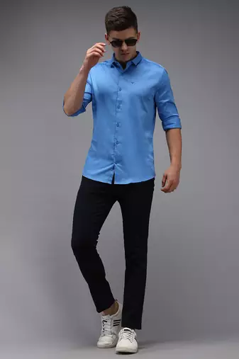 men's long sleeves solid blue shirt