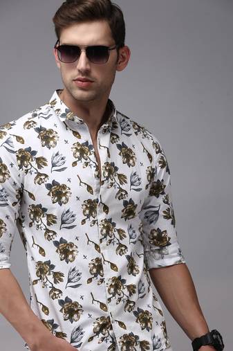 men's long sleeves floral white shirt