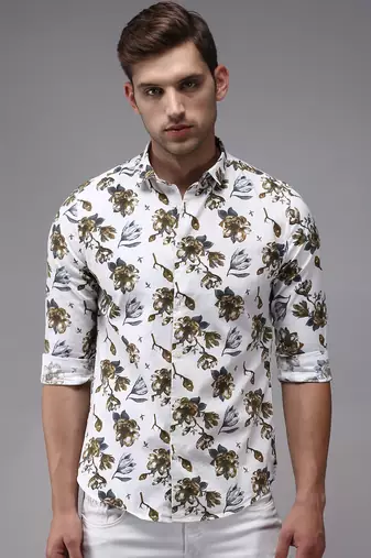 men's long sleeves floral white shirt