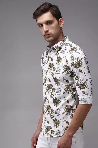 men's long sleeves floral white shirt