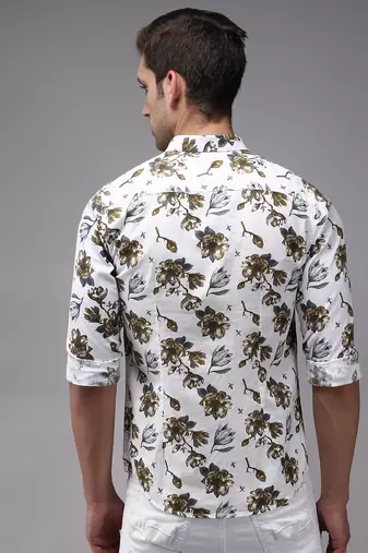 men's long sleeves floral white shirt