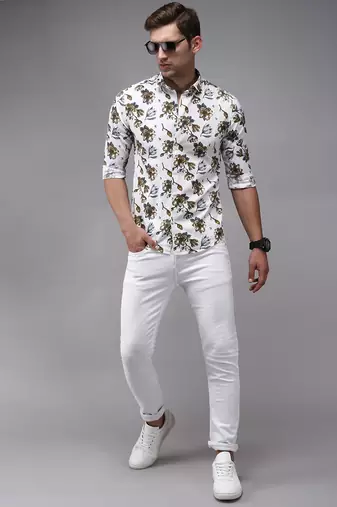 men's long sleeves floral white shirt