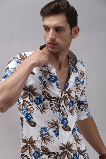 men's long sleeves floral white shirt