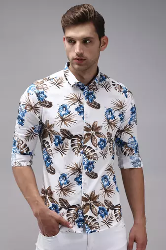 men's long sleeves floral white shirt