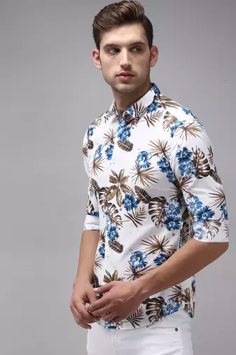 men's long sleeves floral white shirt