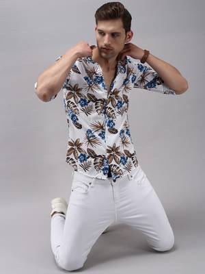 men's long sleeves floral white shirt 5