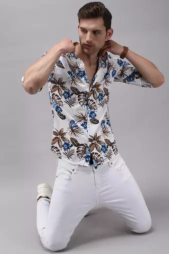 men's long sleeves floral white shirt