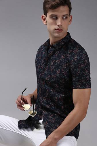 men's short sleeves abstract navy blue shirt