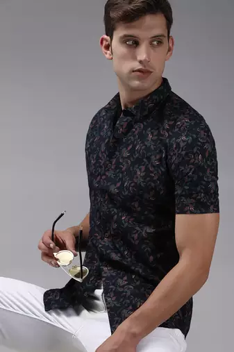 men's short sleeves abstract navy blue shirt