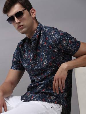 Showoff men's short sleeves abstract navy blue shirt 1