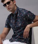 Showoff men's short sleeves abstract navy blue shirt