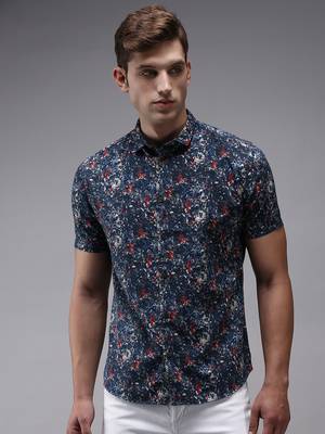 Showoff men's short sleeves abstract navy blue shirt 2