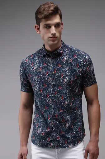 Showoff men's short sleeves abstract navy blue shirt