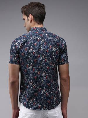 Showoff men's short sleeves abstract navy blue shirt 4