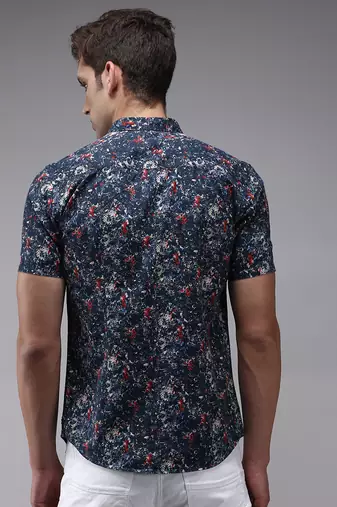 Showoff men's short sleeves abstract navy blue shirt