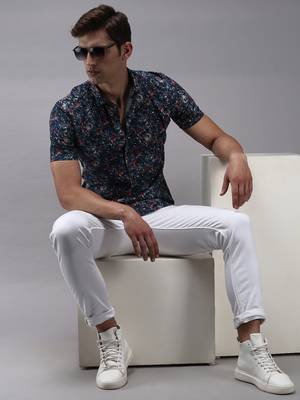 Showoff men's short sleeves abstract navy blue shirt 5