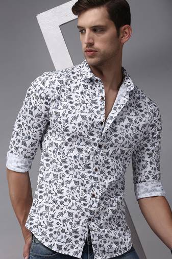 Showoff men's long sleeves floral white shirt