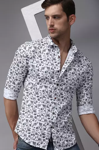 Showoff men's long sleeves floral white shirt