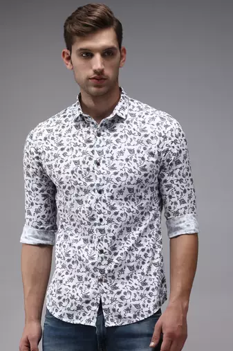 Showoff men's long sleeves floral white shirt