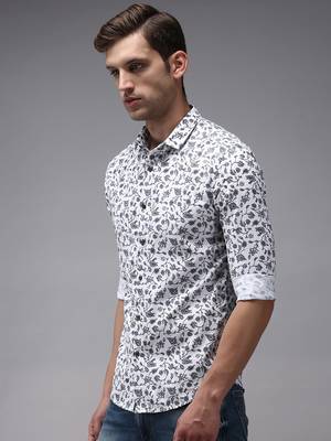 Showoff men's long sleeves floral white shirt 3