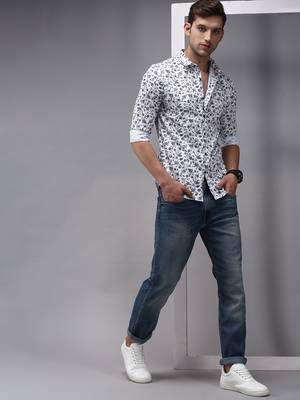 Showoff men's long sleeves floral white shirt 5