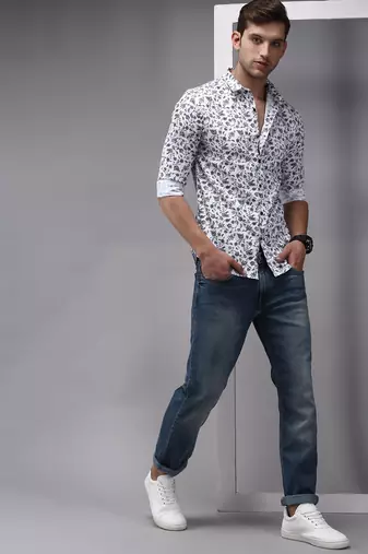 Showoff men's long sleeves floral white shirt