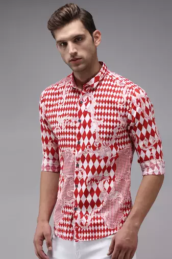 men's long sleeves abstract red shirt