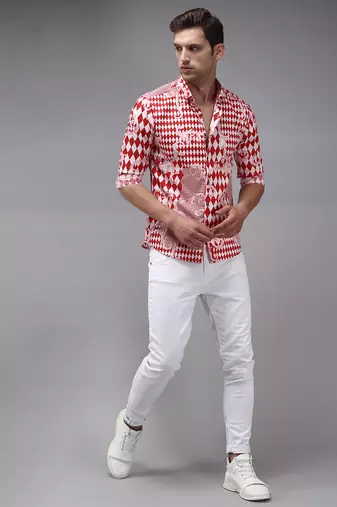 men's long sleeves abstract red shirt