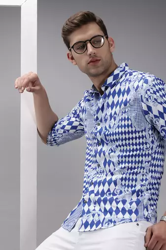 men's long sleeves abstract blue shirt
