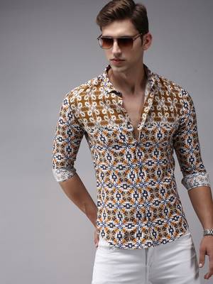 men's long sleeves ethnic motifs brown shirt 1