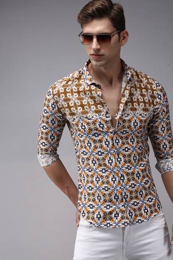 men's long sleeves ethnic motifs brown shirt