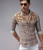 men's long sleeves ethnic motifs brown shirt