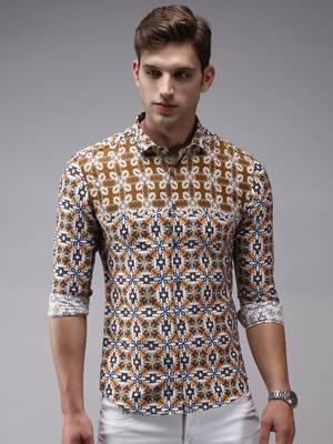 men's long sleeves ethnic motifs brown shirt 2