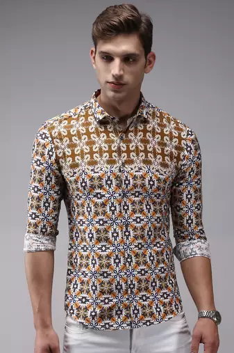 men's long sleeves ethnic motifs brown shirt