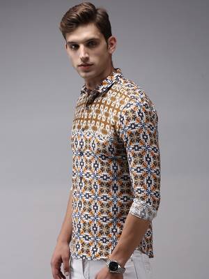 men's long sleeves ethnic motifs brown shirt 3