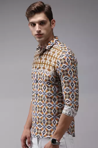 men's long sleeves ethnic motifs brown shirt