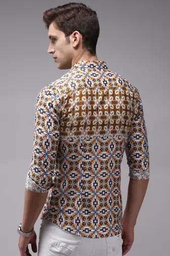 men's long sleeves ethnic motifs brown shirt