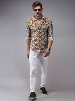 men's long sleeves ethnic motifs brown shirt 5
