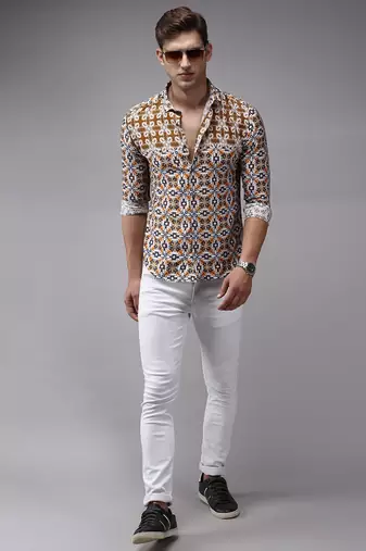 men's long sleeves ethnic motifs brown shirt