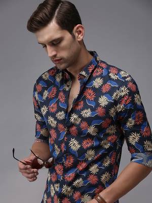 men's long sleeves ethnic motifs navy blue shirt 1