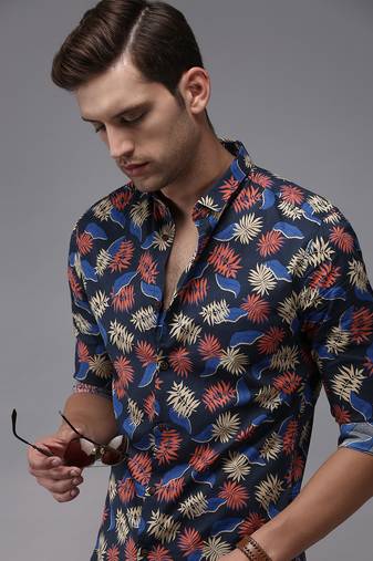 men's long sleeves ethnic motifs navy blue shirt