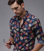 men's long sleeves ethnic motifs navy blue shirt