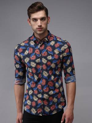men's long sleeves ethnic motifs navy blue shirt 2