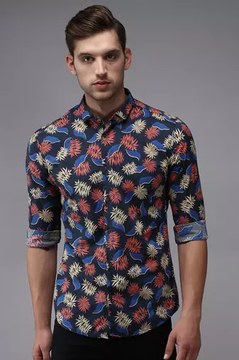 men's long sleeves ethnic motifs navy blue shirt