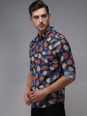 men's long sleeves ethnic motifs navy blue shirt 3