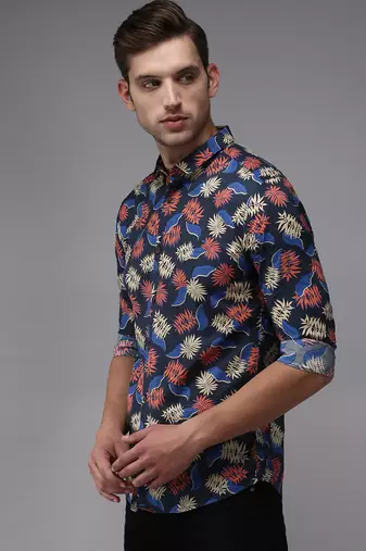 men's long sleeves ethnic motifs navy blue shirt