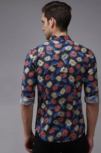 men's long sleeves ethnic motifs navy blue shirt