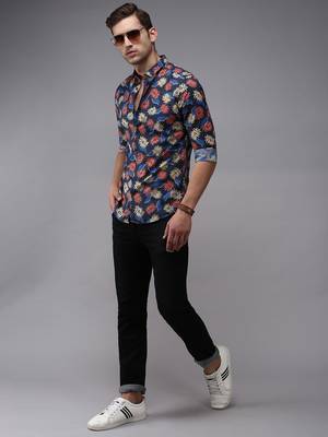 men's long sleeves ethnic motifs navy blue shirt 5