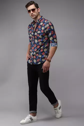 men's long sleeves ethnic motifs navy blue shirt